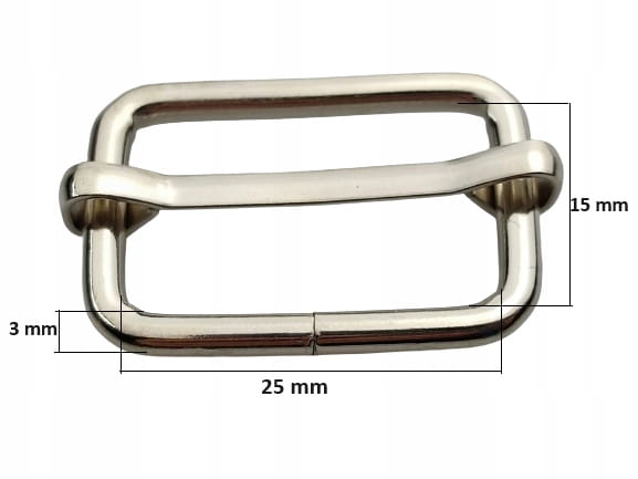 Regulator metalowy kaletniczy do paska torby 25 / 15 / 3 mm srebrny 10 szt