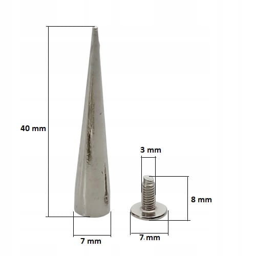 Ćwieki stożki metalowy nity skręcane 40 mm srebrny 10 sztuk