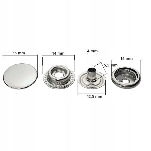 Napy zatrzaski metalowe nierdzewne 15 mm srebrne 50 sztuk