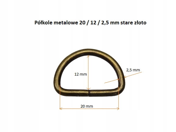 Półkole metalowe kaletnicze do paska 20 / 12 / 2,5 mm 10 sztuk stare złoto