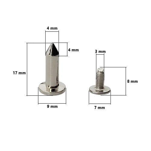 Ćwieki kolec na obroże ozdoba metalowa skręcana 17 / 9 mm srebrny 10 sztuk