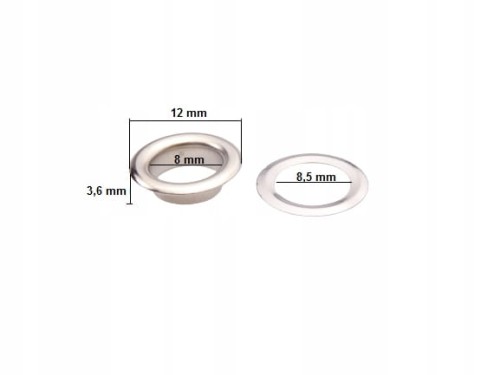 Oczka metalowe kaletnicze do pasków 8 / 12 / 3,6 mm srebrny 100 sztuk