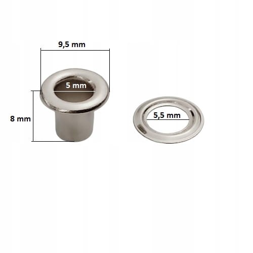 Oczka metalowe WYSOKIE kaletnicze szewskie 5 / 9,5 / 8 mm 100 sztuk nikiel