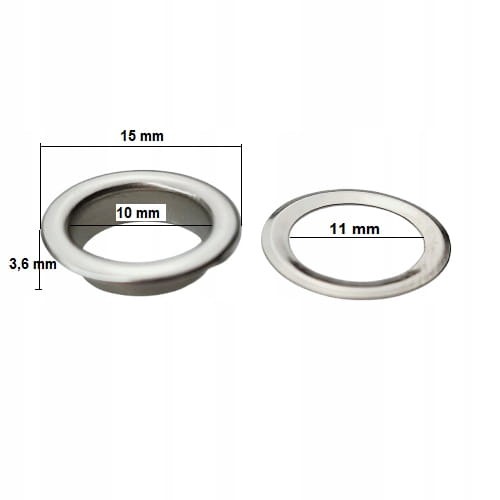 Oczka ze stali nierdzewnej z podkładką 10 / 15 / 3,6 mm srebrne 100 sztuk