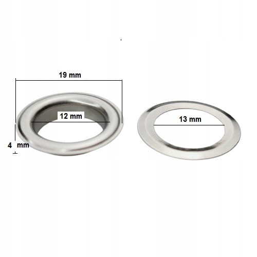 Oczka ze stali nierdzewnej z podkładką 12 / 19 / 4 mm srebrne 100 sztuk