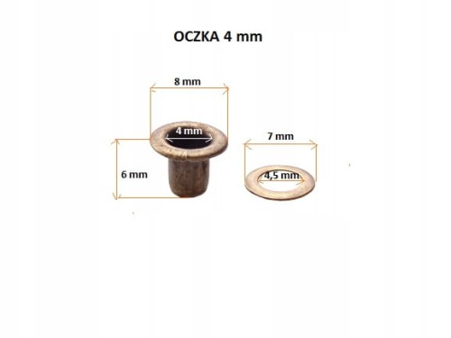 Oczka metalowe kaletnicze szewskie 4 / 8 / 6 mm 100 sztuk stare złoto
