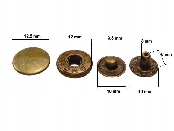 Napy zatrzaski ALFA 12,5 mm stare złoto 50 sztuk