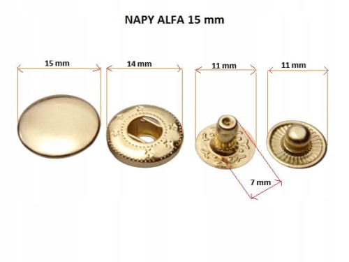 Napy zatrzaki Alfa kaletnicze 15 mm 50 szt złote