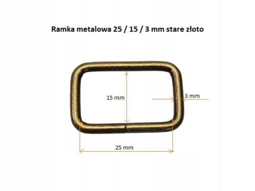 Ramka metalowa kaletnicza do paska torby 25 / 15 / 3 mm 10 szt stare złoto