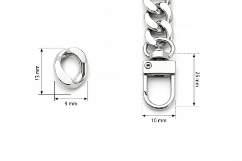 Łańcuszek z karabińczykami do torebki 120 cm ogniwo 9x13 mm srebrny