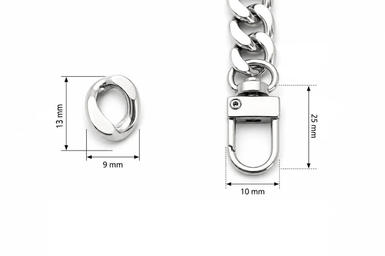 Łańcuszek z karabińczykami do torebki 120 cm ogniwo 9x13 mm srebrny