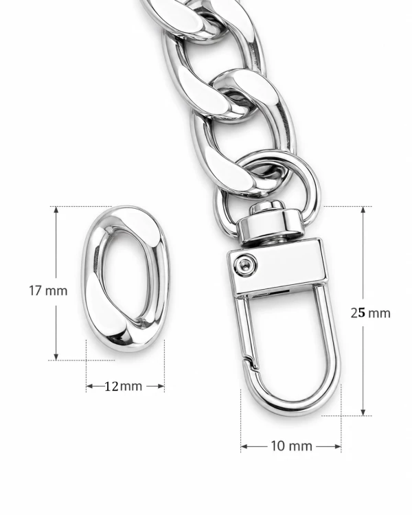 Łańcuszek gruby z karabińczykami do torebki  120 cm ogniwo 12x17 mm srebrny